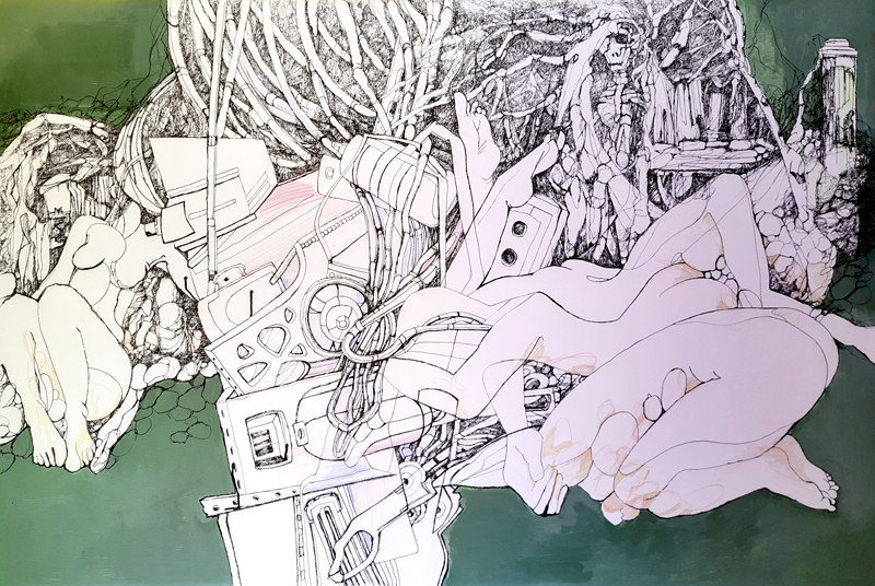 "Rage against the machine - strange dreams in a lost place" Tusche, Pencil, Acryl, 150 x 100 cm, 2022