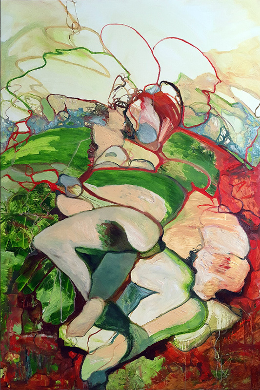 "Now it's time to go out again. Saw her on the green hills at spring time. #1" Öl auf Leinwand, 100 x 150 cm, 2023